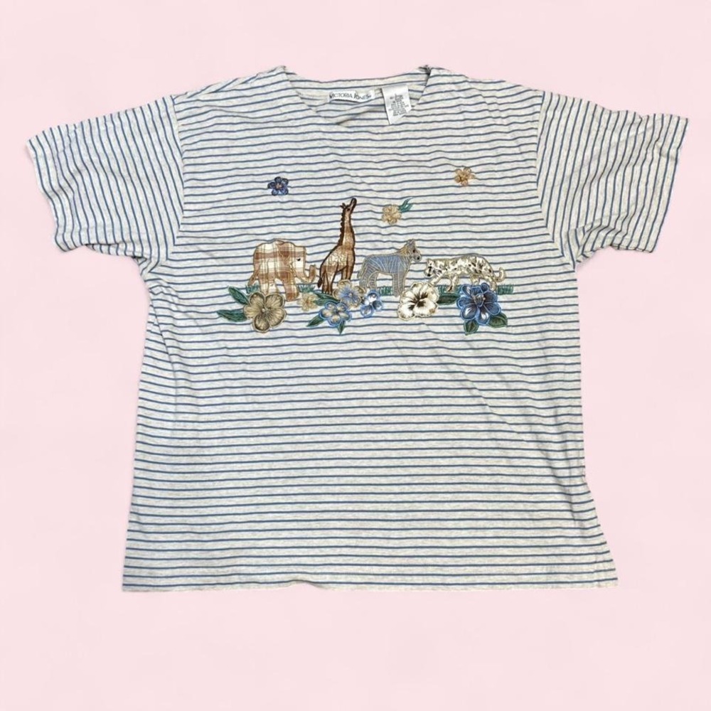 Vintage Embroidered Animals Striped T Shirt Womens L Cottagecore